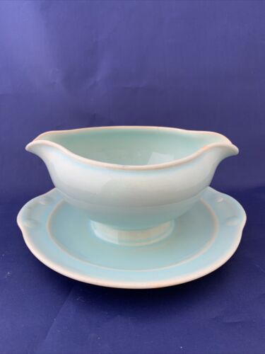 Vintage T S & T Lu-ray Pastels Blue Gravy Boat Attached Saucer 641 Made In Usa