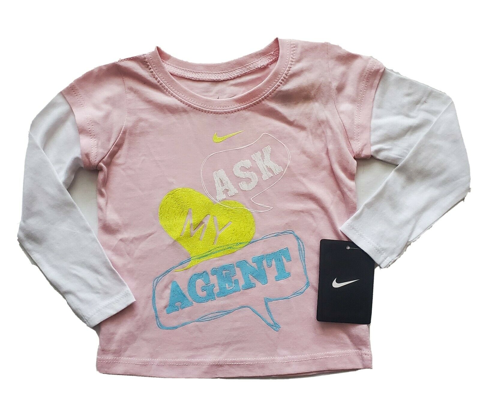 Nike Long Sleeved T Shirt, Girls Size 18 Months, Pink / White, Ask My Agent