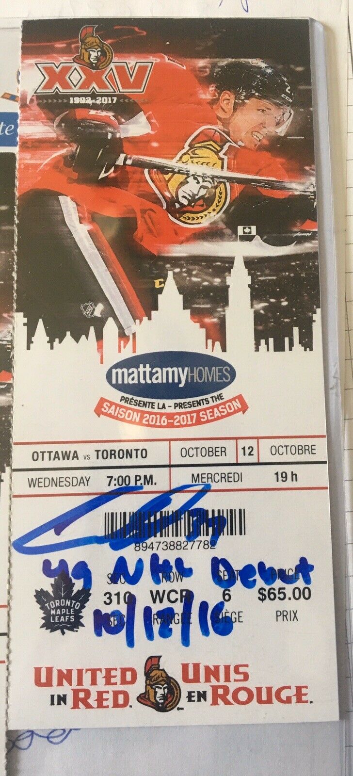 Auston Matthews Auto Signed Nhl Debut Ticket 10/12/16 Maple Leafs W Insc Coa